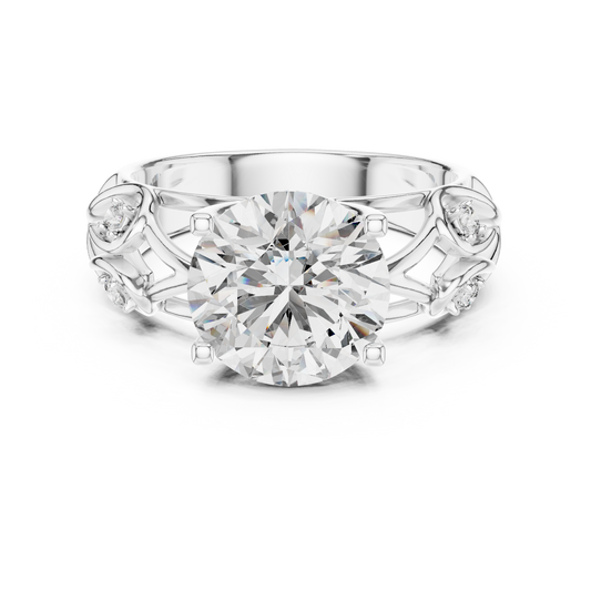 Round Lab Grown Diamond Engagement Ring | Nature Inspired Leaf Motif Style | 10K, 14K, and 18K Gold