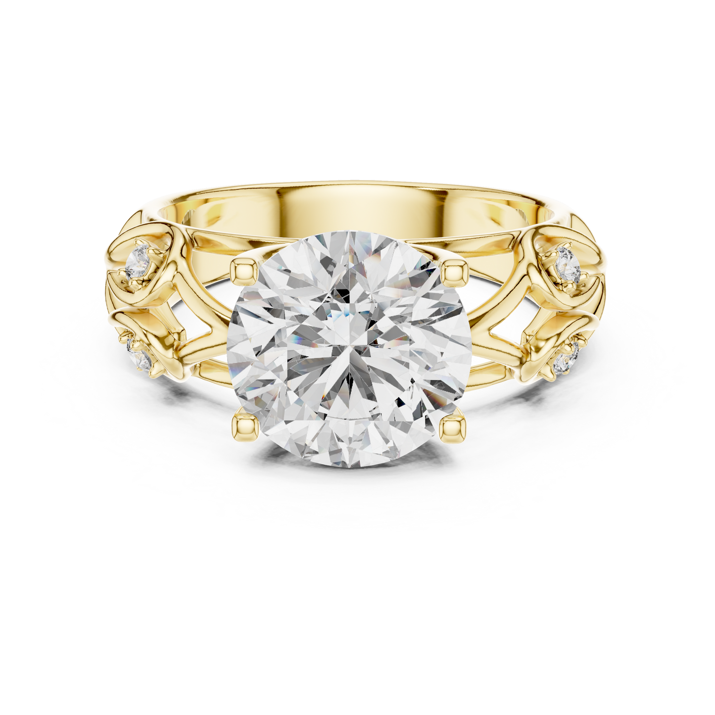 Round Lab Grown Diamond Engagement Ring | Nature Inspired Leaf Motif Style | 10K, 14K, and 18K Gold