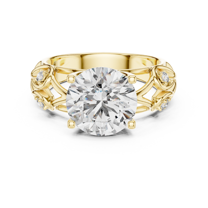 Round Lab Grown Diamond Engagement Ring | Nature Inspired Leaf Motif Style | 10K, 14K, and 18K Gold