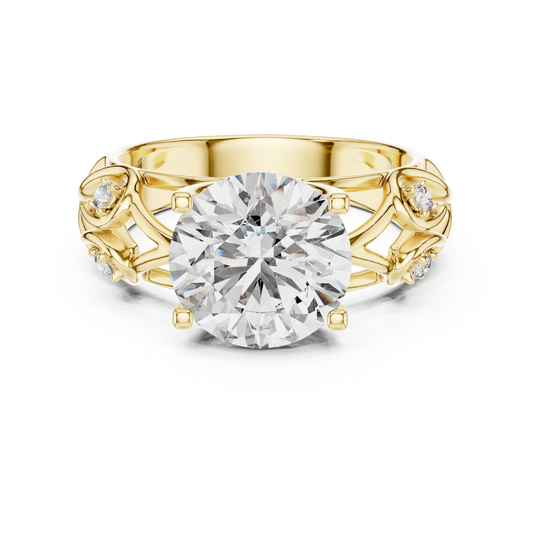 Round Lab Grown Diamond Engagement Ring | Nature Inspired Leaf Motif Style | 10K, 14K, and 18K Gold