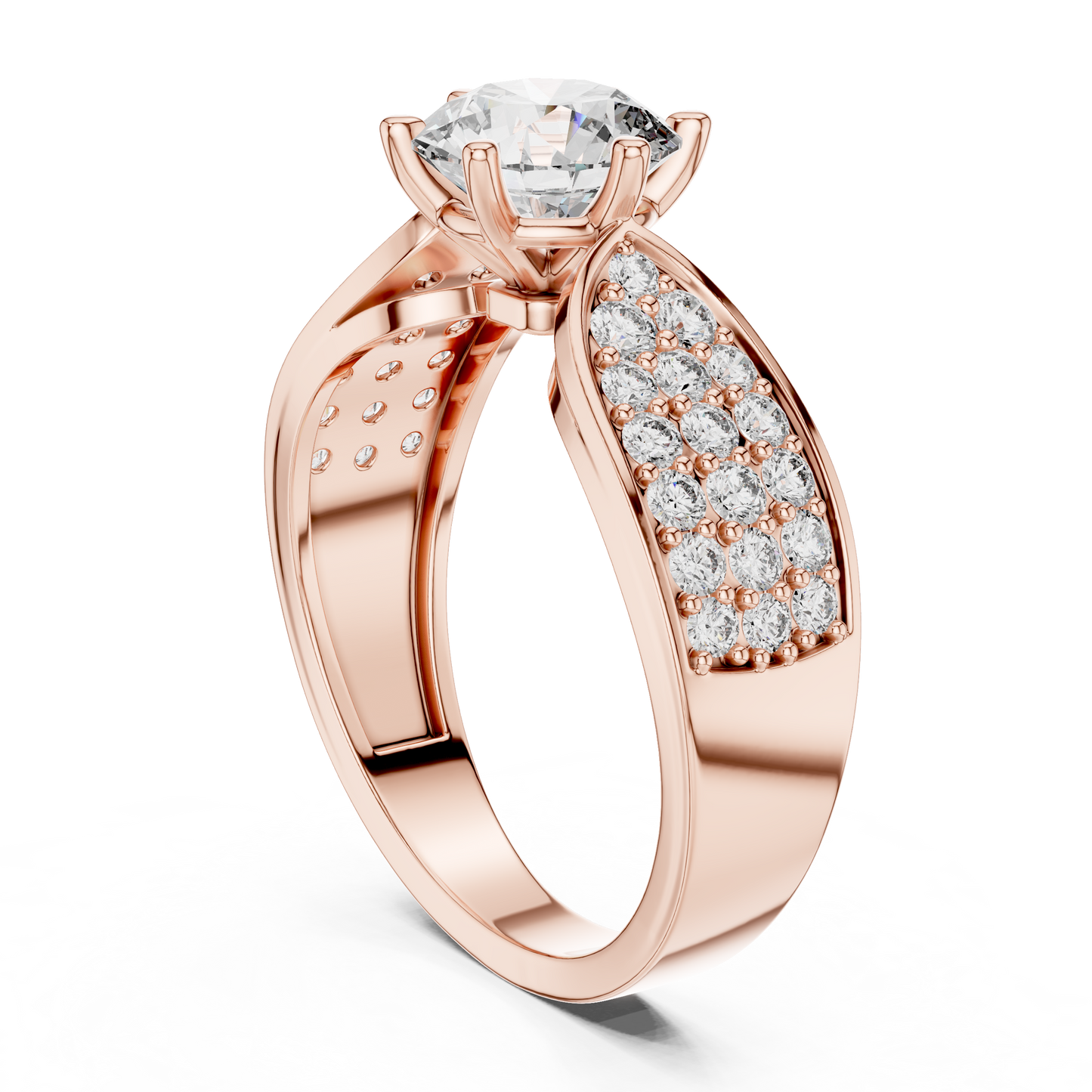 Round Lab Grown Diamond Engagement Ring | Triple-Row Pavé Bold Band | 10K, 14K, and 18K Gold