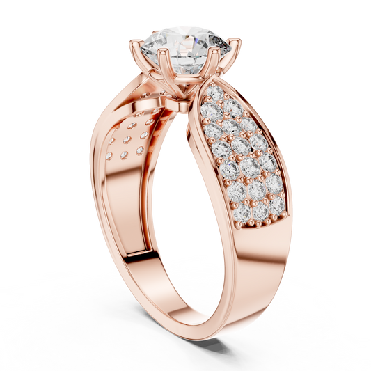 Round Lab Grown Diamond Engagement Ring | Triple-Row Pavé Bold Band | 10K, 14K, and 18K Gold