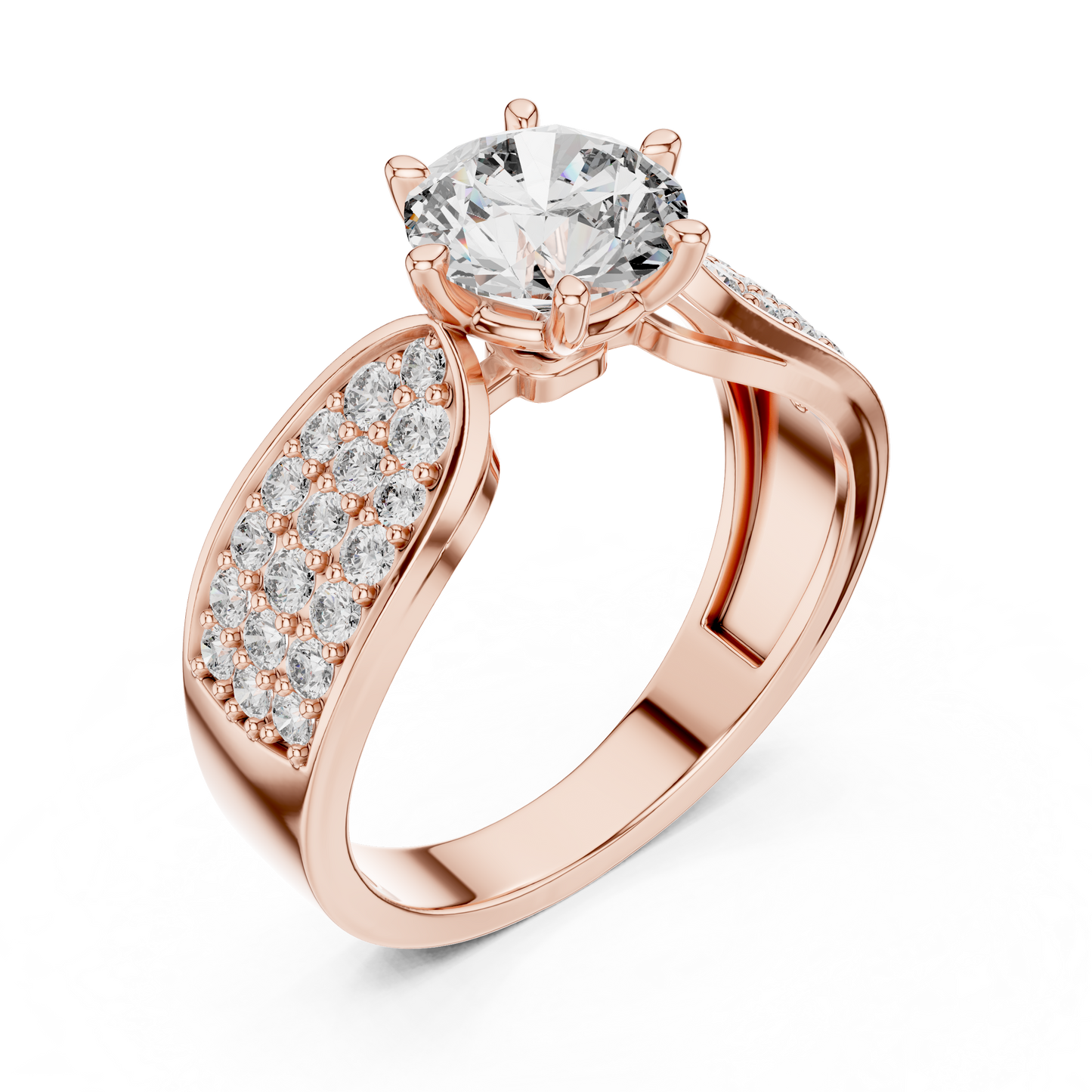Round Lab Grown Diamond Engagement Ring | Triple-Row Pavé Bold Band | 10K, 14K, and 18K Gold