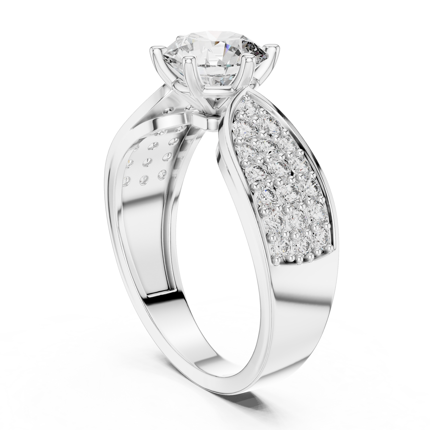 Round Lab Grown Diamond Engagement Ring | Triple-Row Pavé Bold Band | 10K, 14K, and 18K Gold