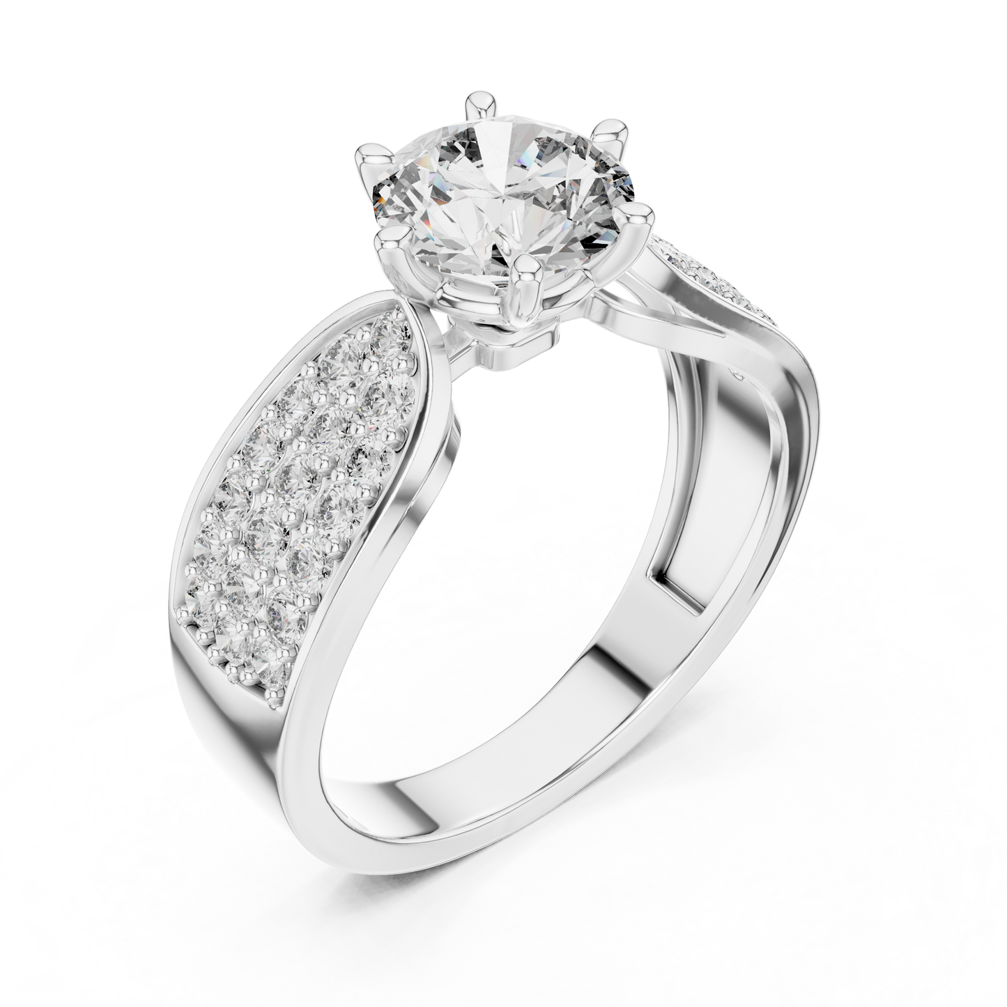 Round Lab Grown Diamond Engagement Ring | Triple-Row Pavé Bold Band | 10K, 14K, and 18K Gold