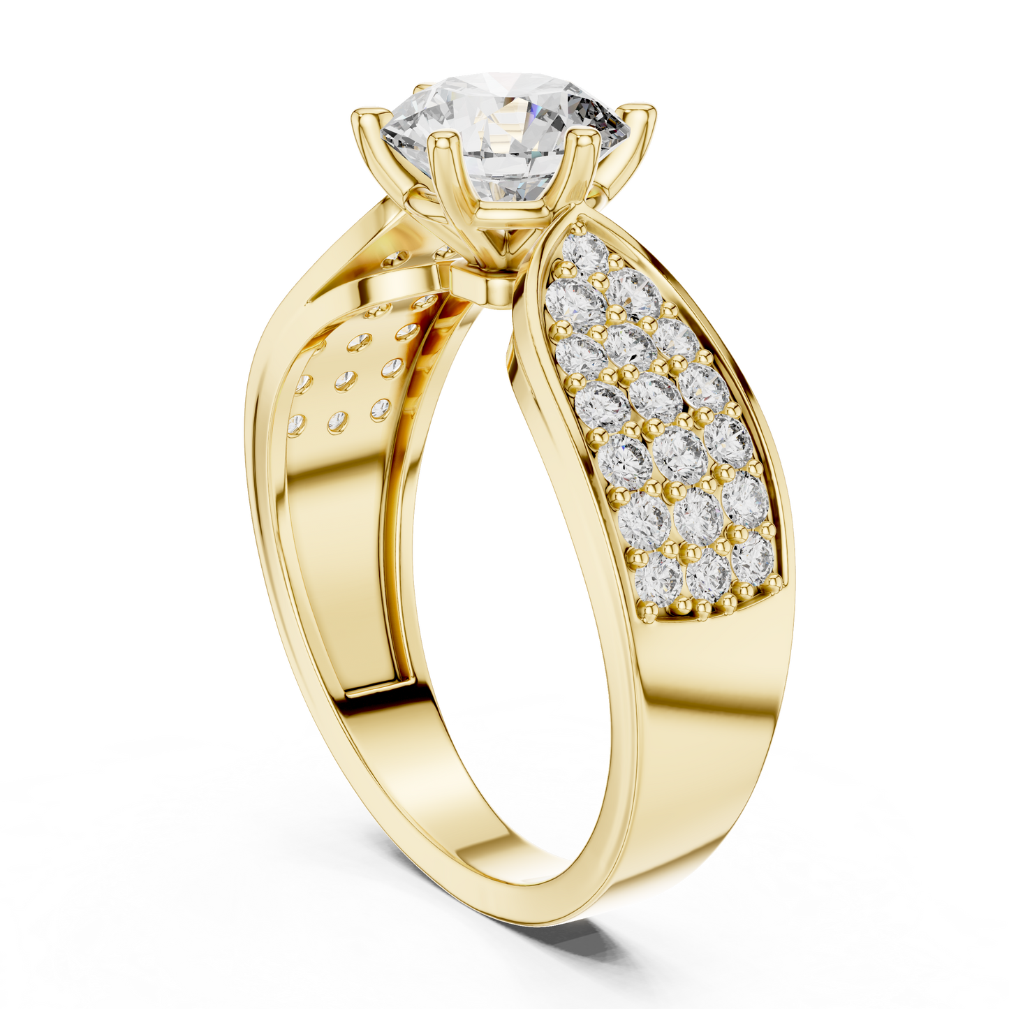 Round Lab Grown Diamond Engagement Ring | Triple-Row Pavé Bold Band | 10K, 14K, and 18K Gold