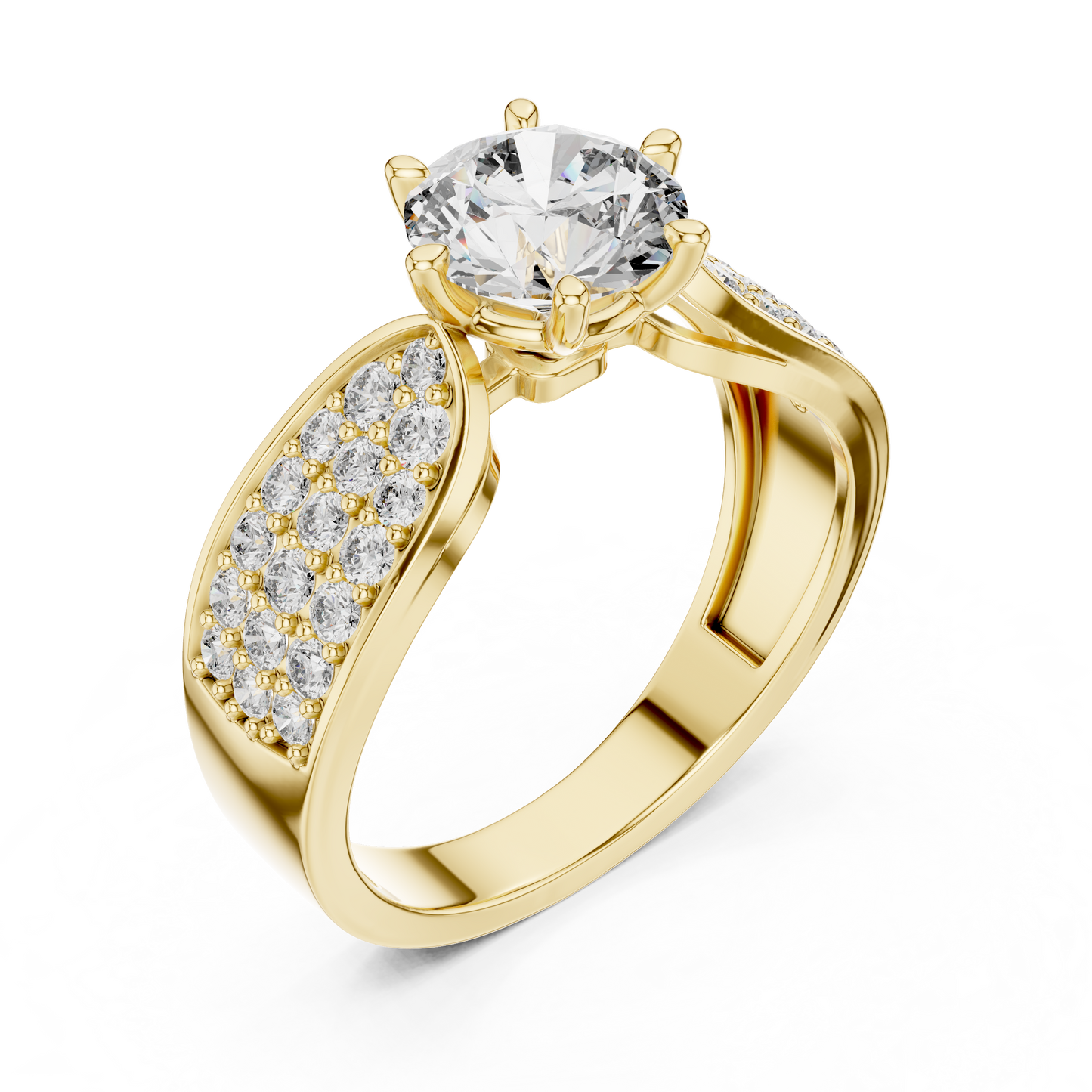 Round Lab Grown Diamond Engagement Ring | Triple-Row Pavé Bold Band | 10K, 14K, and 18K Gold