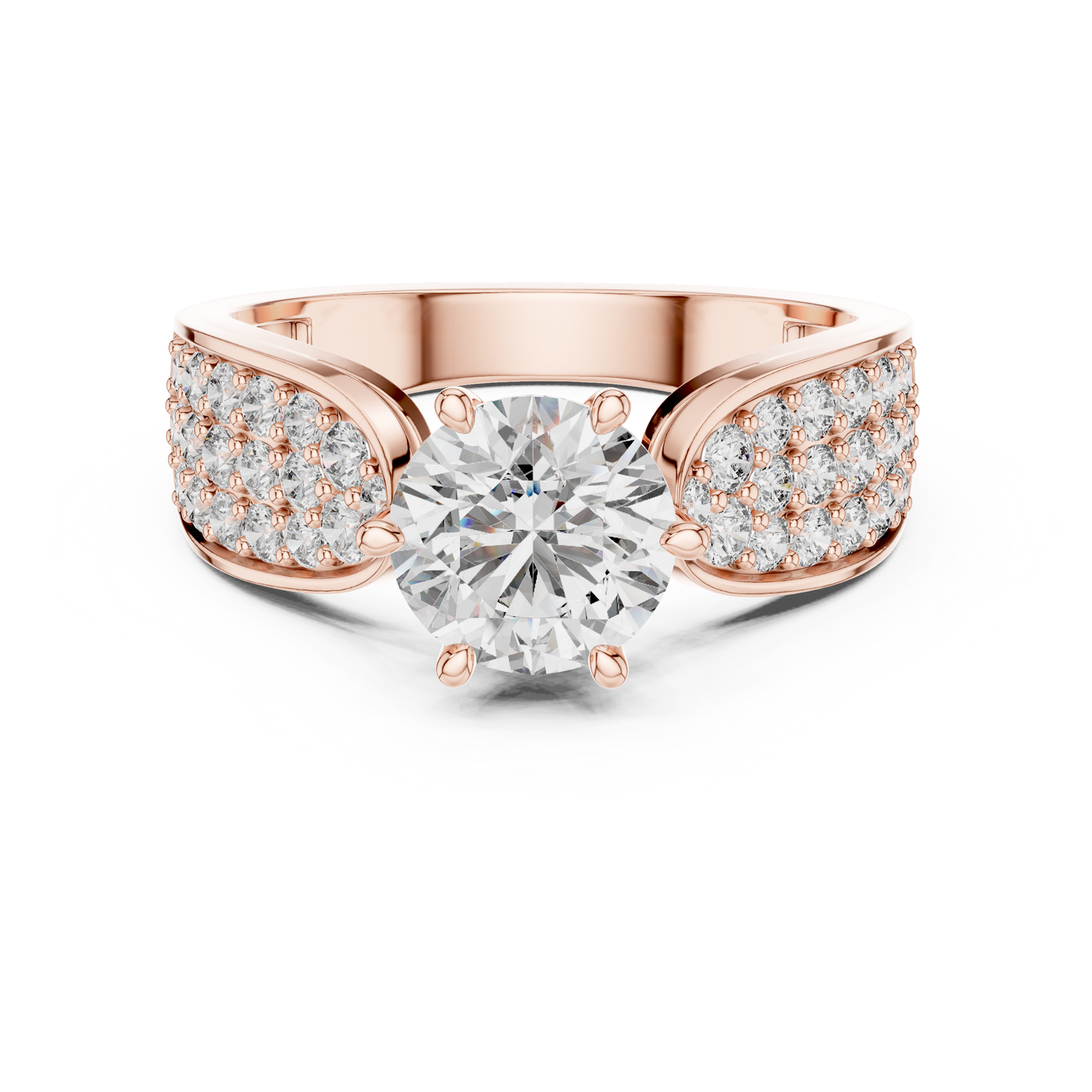 Round Lab Grown Diamond Engagement Ring | Triple-Row Pavé Bold Band | 10K, 14K, and 18K Gold