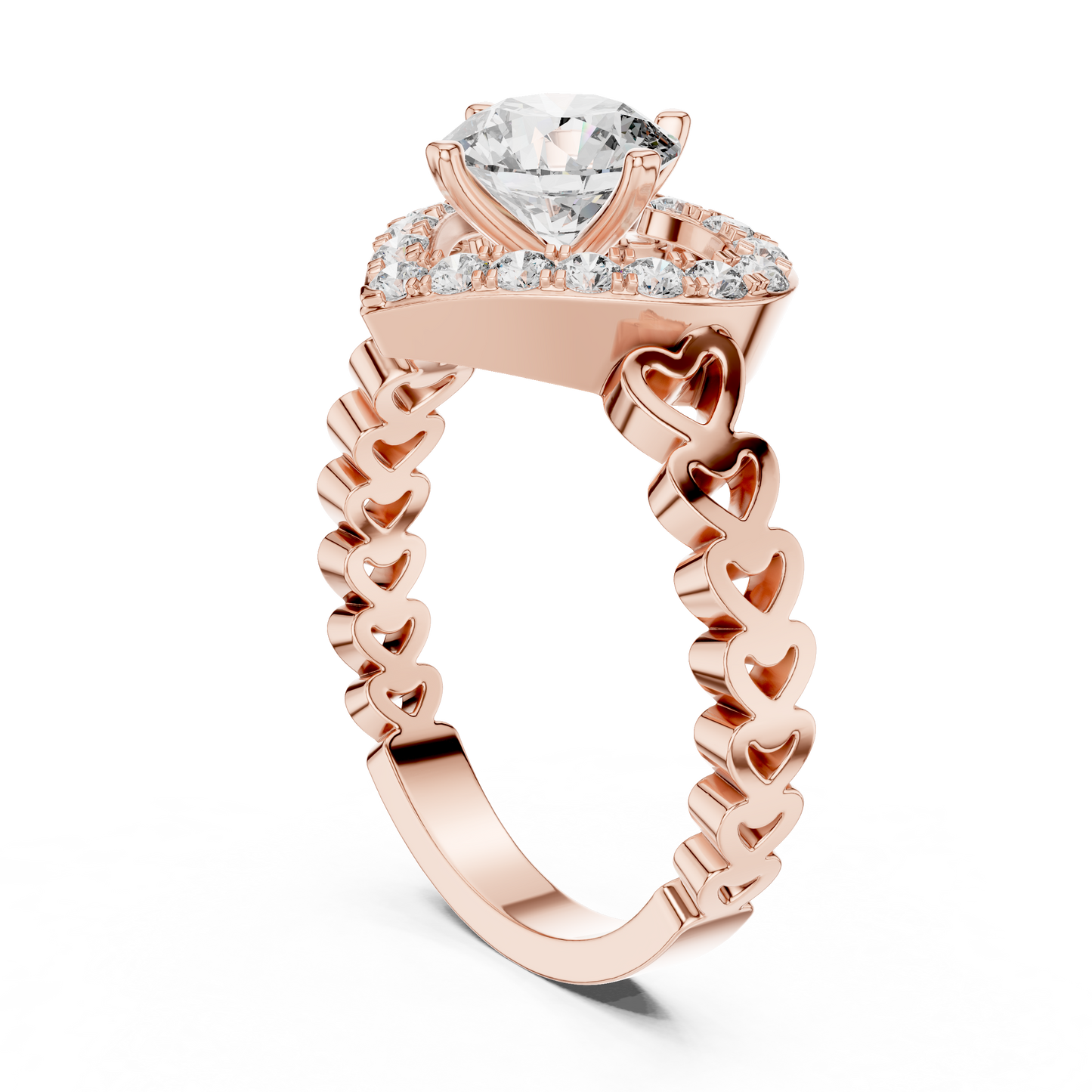 Round Lab Grown Diamond Heart-Halo Engagement Ring | Scalloped Pavé Band | 10K, 14K, and 18K Gold