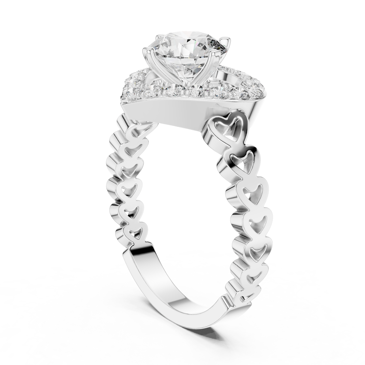 Round Lab Grown Diamond Heart-Halo Engagement Ring | Scalloped Pavé Band | 10K, 14K, and 18K Gold