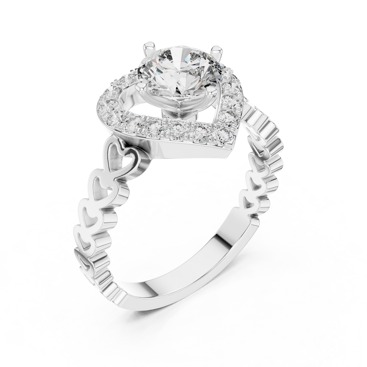 Round Lab Grown Diamond Heart-Halo Engagement Ring | Scalloped Pavé Band | 10K, 14K, and 18K Gold