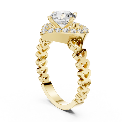 Round Lab Grown Diamond Heart-Halo Engagement Ring | Scalloped Pavé Band | 10K, 14K, and 18K Gold