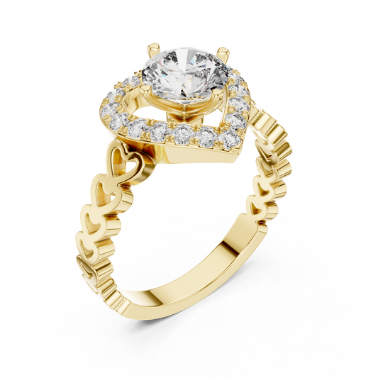 Round Lab Grown Diamond Heart-Halo Engagement Ring | Scalloped Pavé Band | 10K, 14K, and 18K Gold