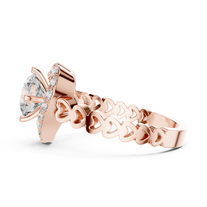 Round Lab Grown Diamond Heart-Halo Engagement Ring | Scalloped Pavé Band | 10K, 14K, and 18K Gold