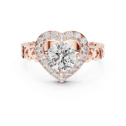 Round Lab Grown Diamond Heart-Halo Engagement Ring | Scalloped Pavé Band | 10K, 14K, and 18K Gold