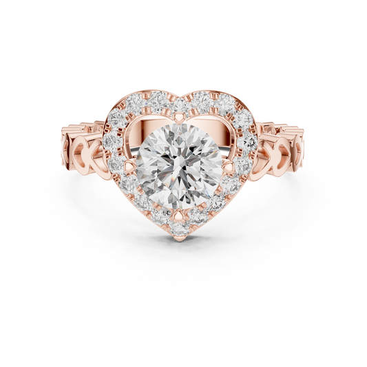 Round Lab Grown Diamond Heart-Halo Engagement Ring | Scalloped Pavé Band | 10K, 14K, and 18K Gold