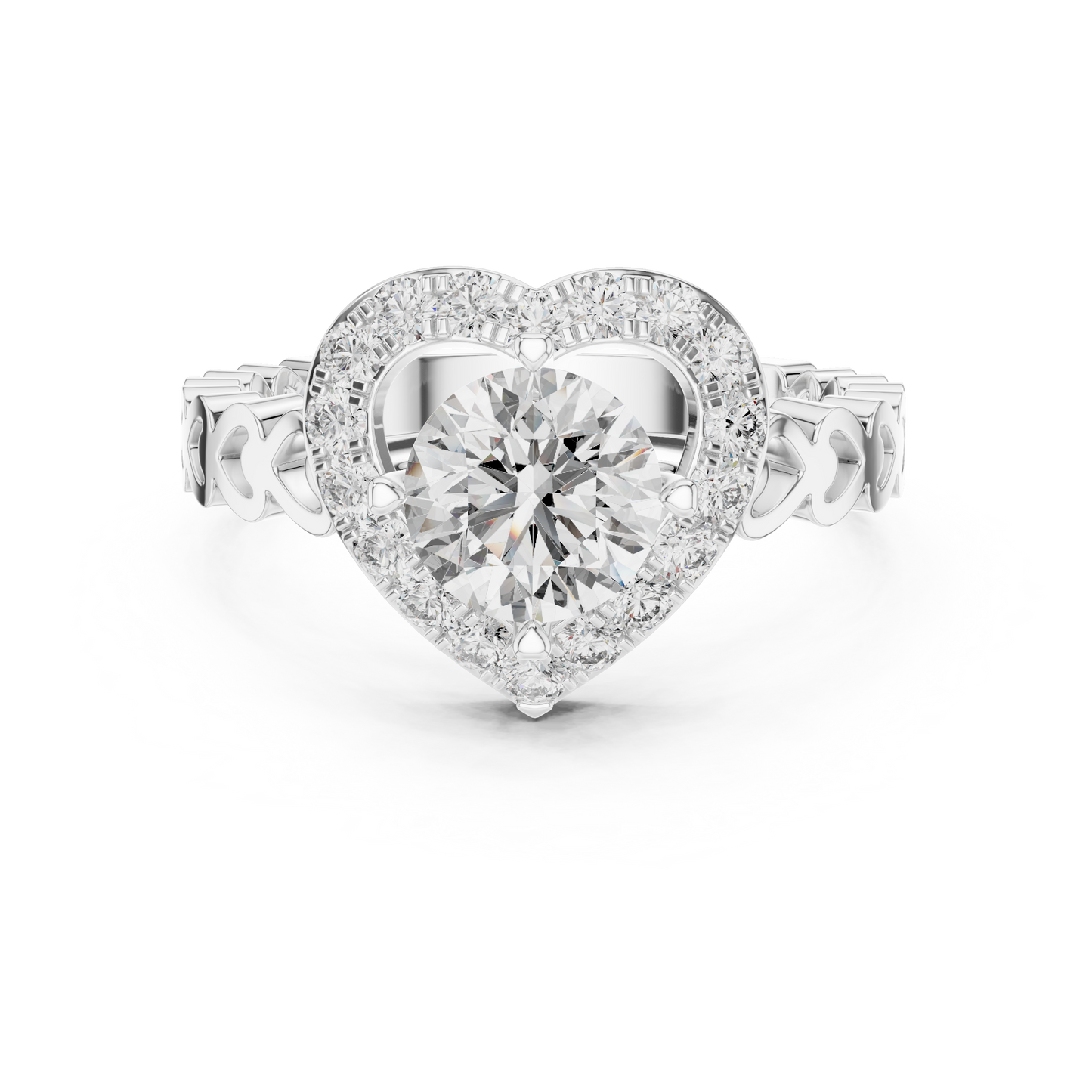 Round Lab Grown Diamond Heart-Halo Engagement Ring | Scalloped Pavé Band | 10K, 14K, and 18K Gold