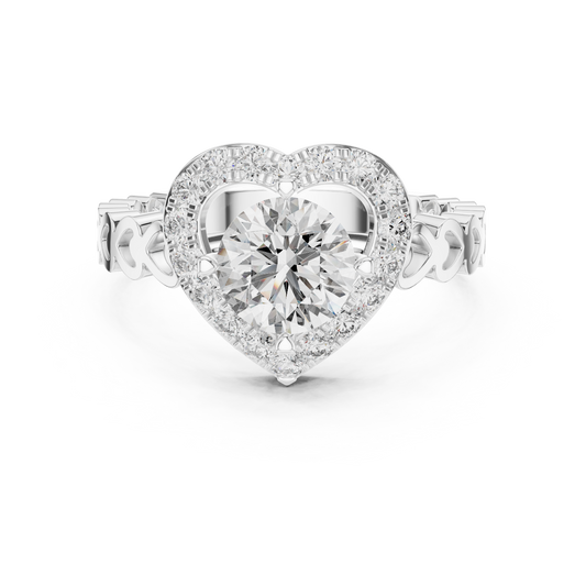 Round Lab Grown Diamond Heart-Halo Engagement Ring | Scalloped Pavé Band | 10K, 14K, and 18K Gold