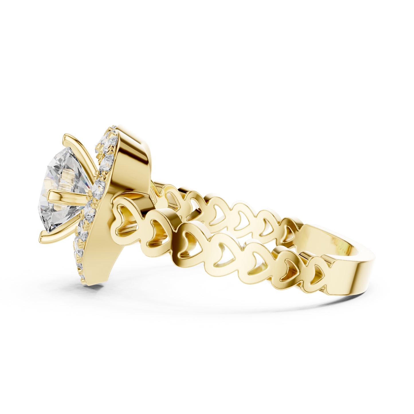 Round Lab Grown Diamond Heart-Halo Engagement Ring | Scalloped Pavé Band | 10K, 14K, and 18K Gold