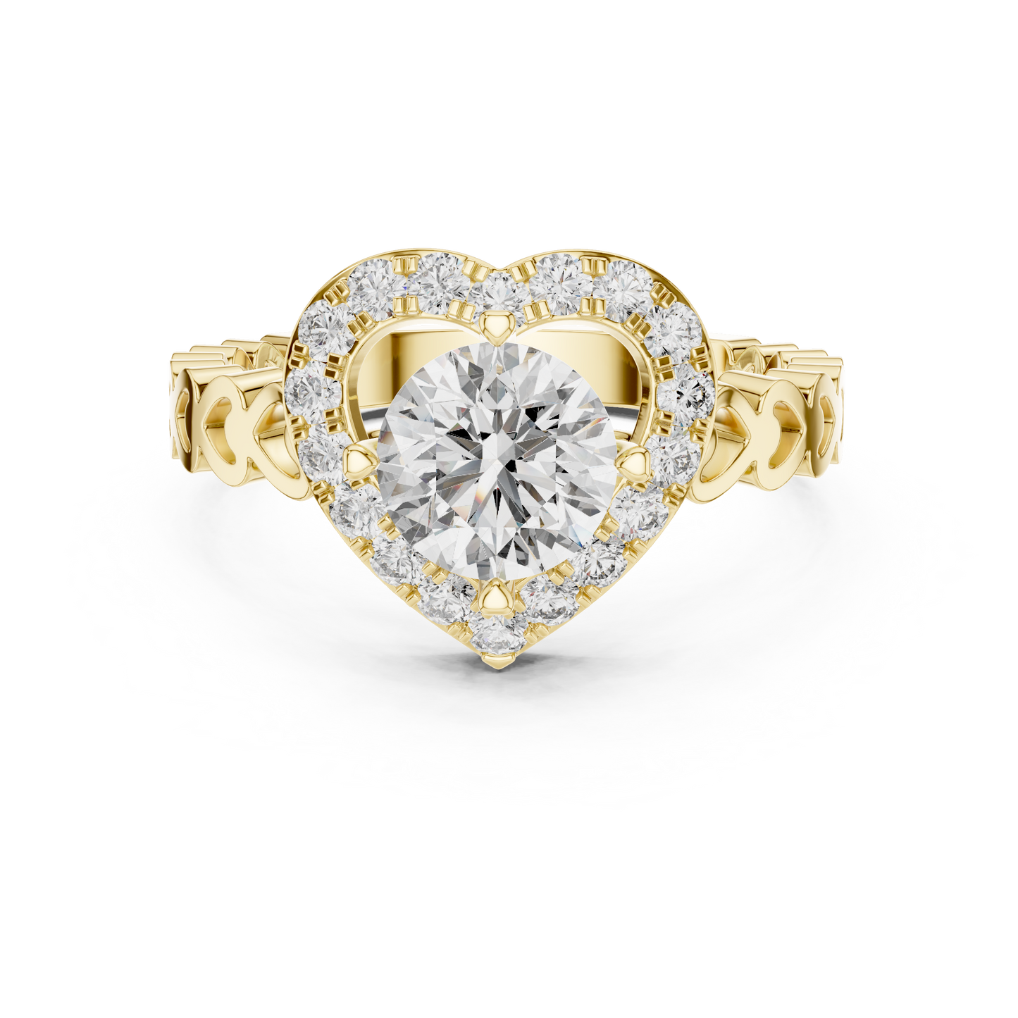 Round Lab Grown Diamond Heart-Halo Engagement Ring | Scalloped Pavé Band | 10K, 14K, and 18K Gold