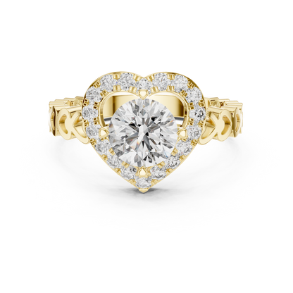 Round Lab Grown Diamond Heart-Halo Engagement Ring | Scalloped Pavé Band | 10K, 14K, and 18K Gold