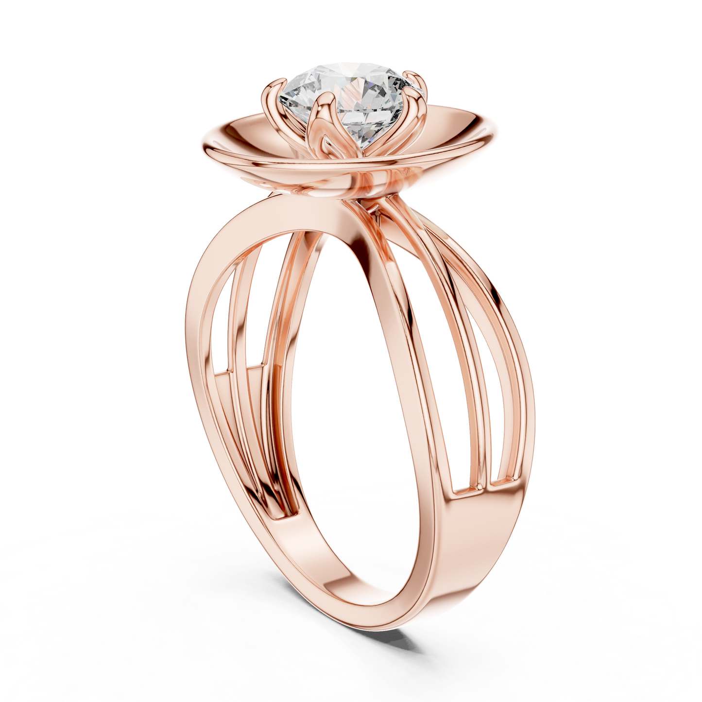 Round Lab Grown Diamond Solitaire Ring | Split-Shank Lotus Flower Setting | 10K, 14K, and 18K Gold