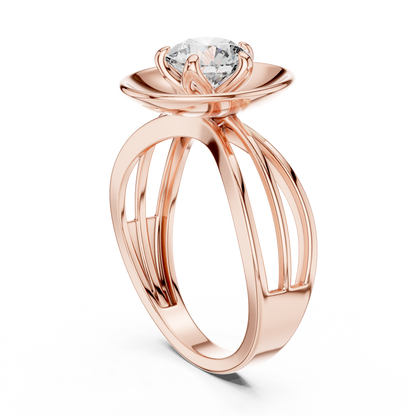 Round Lab Grown Diamond Solitaire Ring | Split-Shank Lotus Flower Setting | 10K, 14K, and 18K Gold