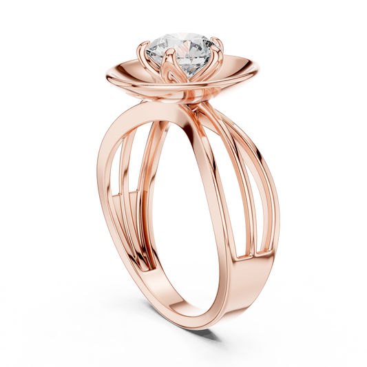 Round Lab Grown Diamond Solitaire Ring | Split-Shank Lotus Flower Setting | 10K, 14K, and 18K Gold