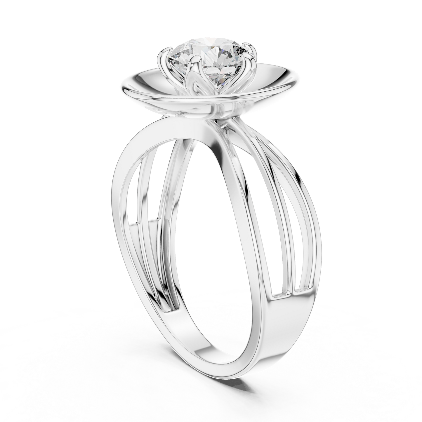 Round Lab Grown Diamond Solitaire Ring | Split-Shank Lotus Flower Setting | 10K, 14K, and 18K Gold