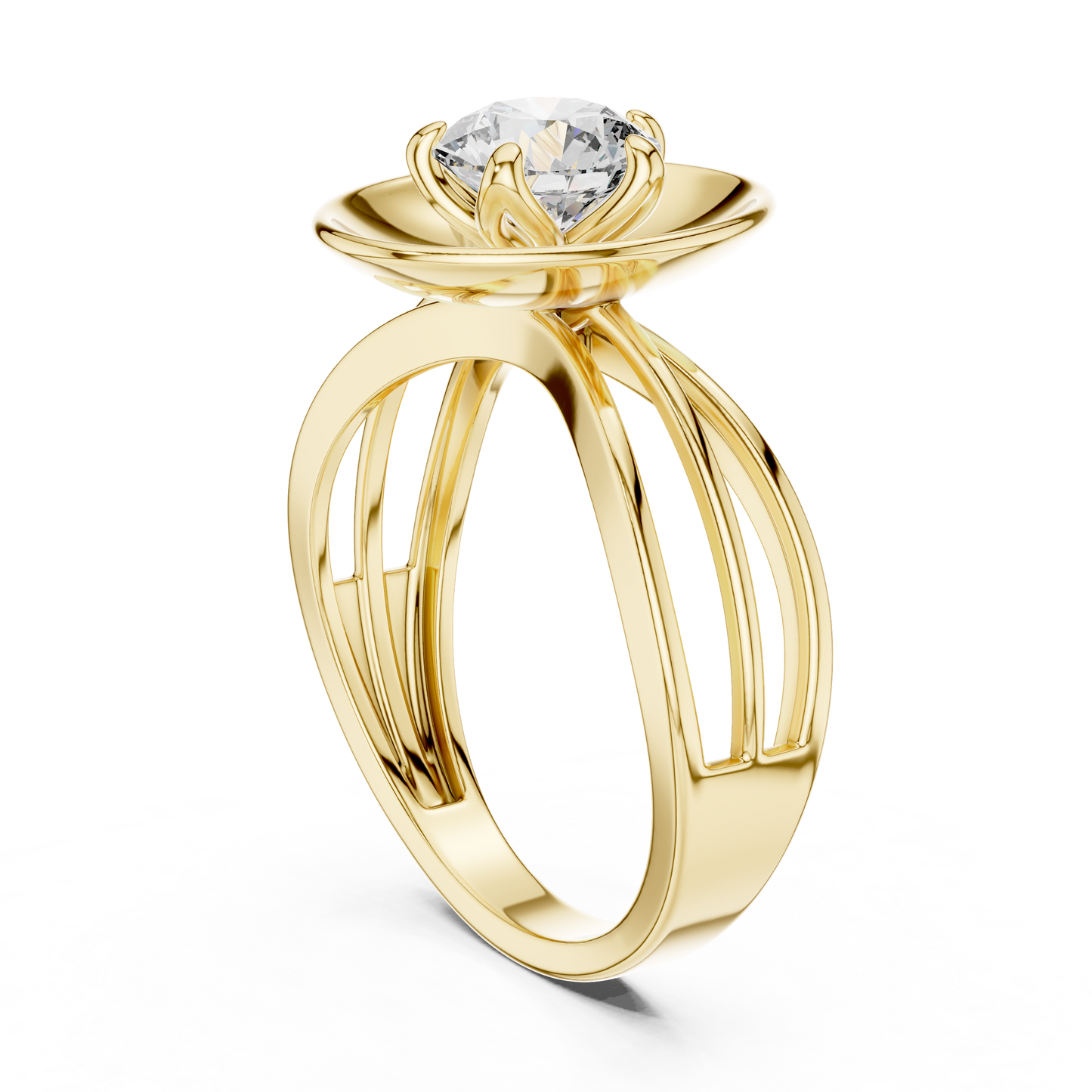 Round Lab Grown Diamond Solitaire Ring | Split-Shank Lotus Flower Setting | 10K, 14K, and 18K Gold