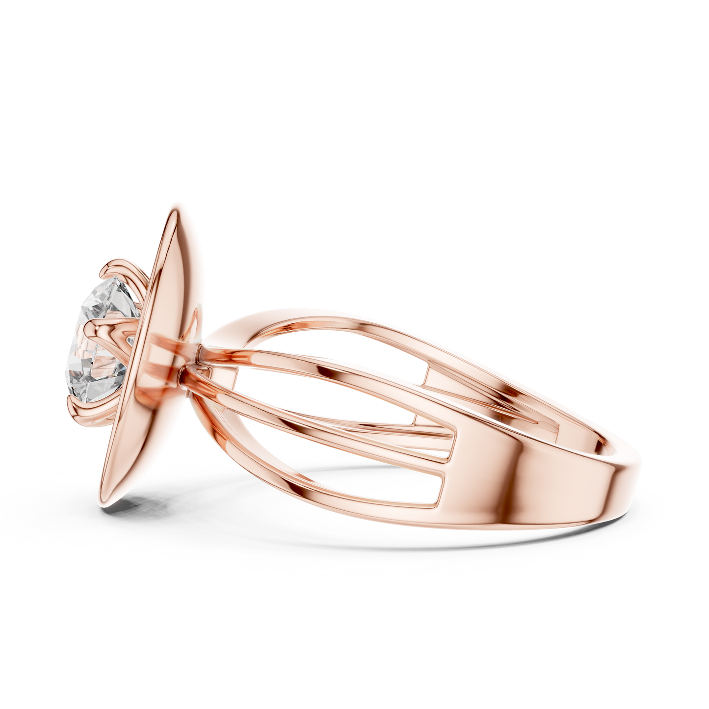 Round Lab Grown Diamond Solitaire Ring | Split-Shank Lotus Flower Setting | 10K, 14K, and 18K Gold