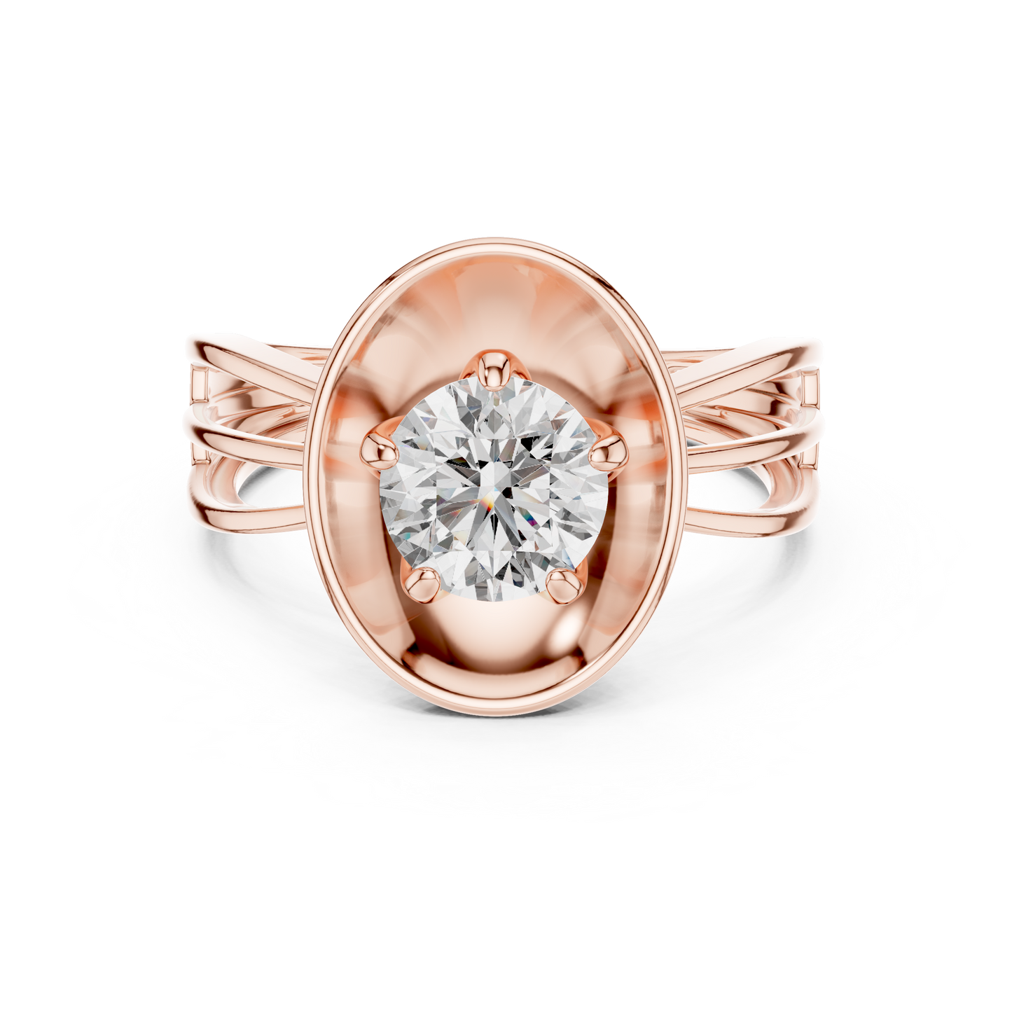 Round Lab Grown Diamond Solitaire Ring | Split-Shank Lotus Flower Setting | 10K, 14K, and 18K Gold