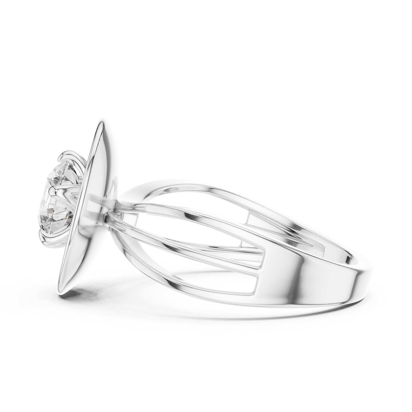 Round Lab Grown Diamond Solitaire Ring | Split-Shank Lotus Flower Setting | 10K, 14K, and 18K Gold