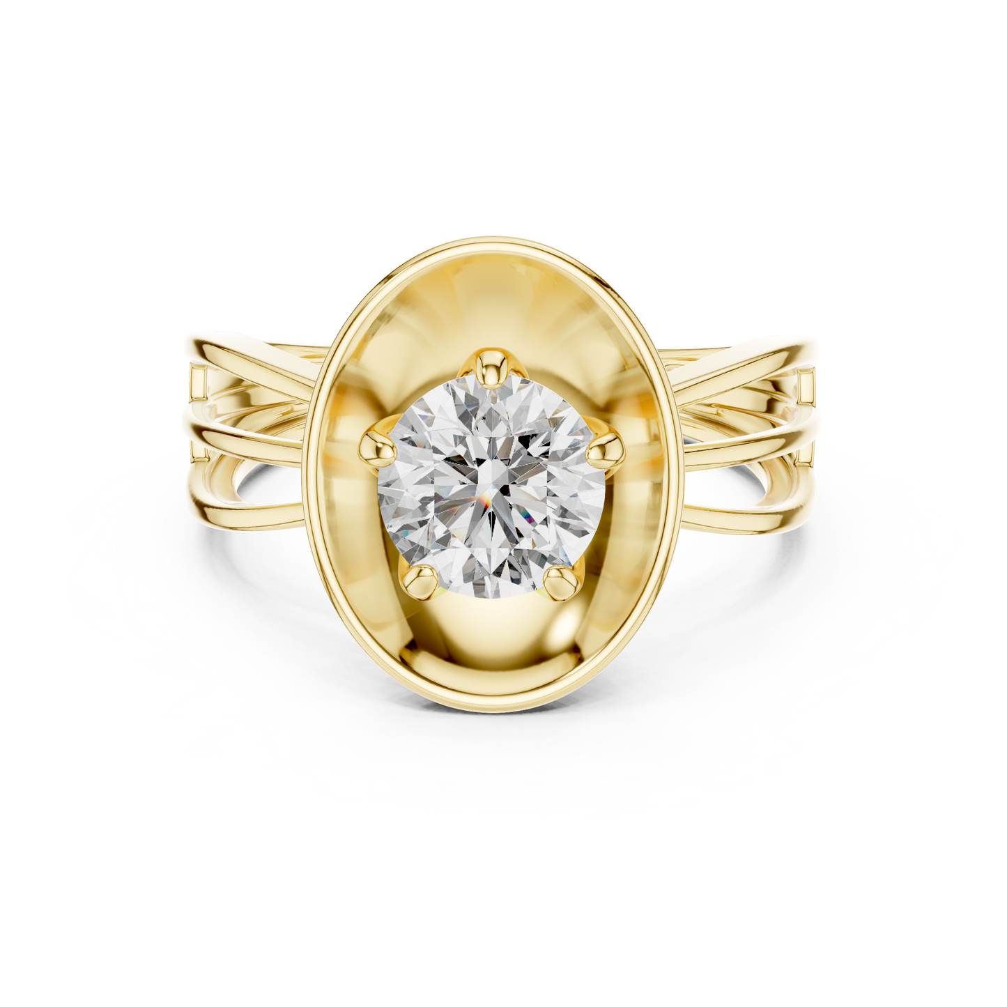 Round Lab Grown Diamond Solitaire Ring | Split-Shank Lotus Flower Setting | 10K, 14K, and 18K Gold