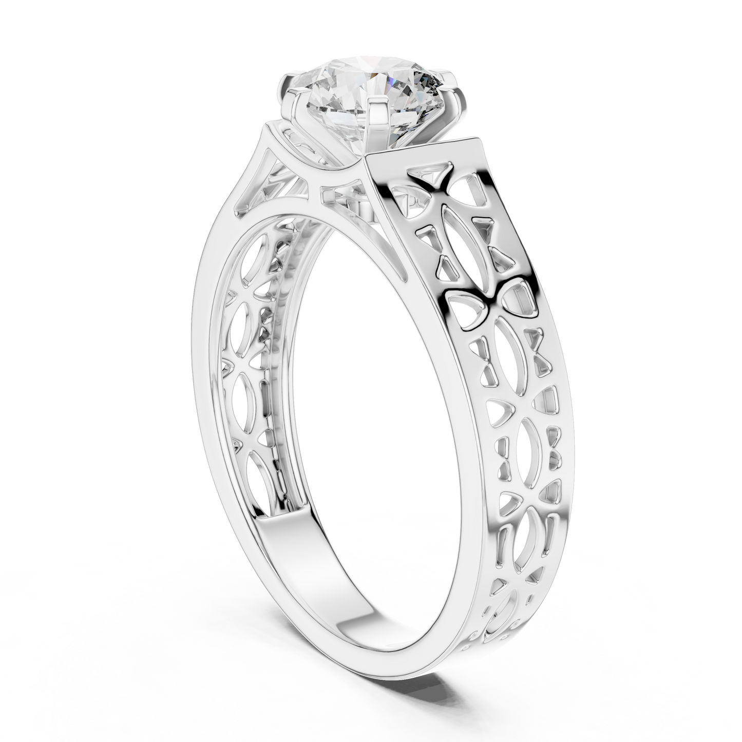 Round Lab Grown Diamond Engagement Ring | Vintage Filigree Wide Band Style | 10K, 14K, and 18K Gold