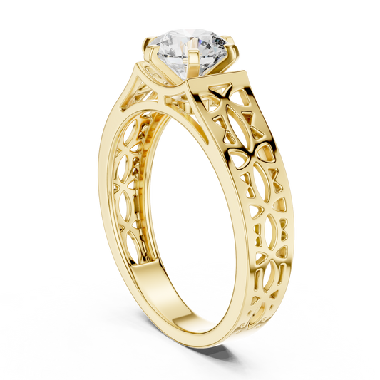 Round Lab Grown Diamond Engagement Ring | Vintage Filigree Wide Band Style | 10K, 14K, and 18K Gold