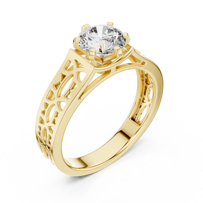 Round Lab Grown Diamond Engagement Ring | Vintage Filigree Wide Band Style | 10K, 14K, and 18K Gold
