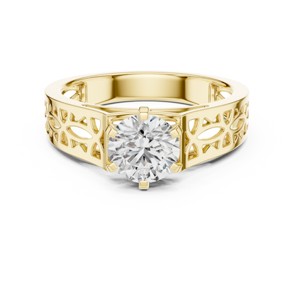Round Lab Grown Diamond Engagement Ring | Vintage Filigree Wide Band Style | 10K, 14K, and 18K Gold