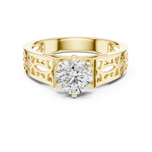 Round Lab Grown Diamond Engagement Ring | Vintage Filigree Wide Band Style | 10K, 14K, and 18K Gold