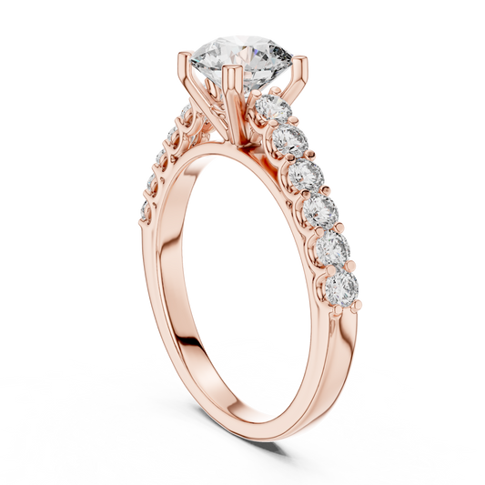 Round Lab Grown Diamond Engagement Ring | Bubble Pavé Band Solitaire | 10K, 14K, and 18K Gold