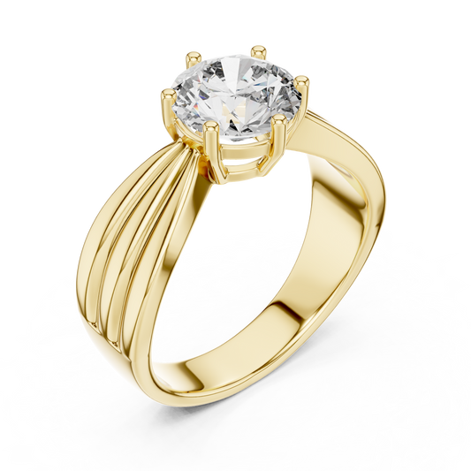 Round Lab Grown Diamond Engagement Ring | Tapered Ribbon Wide Band | 10K, 14K, and 18K Gold