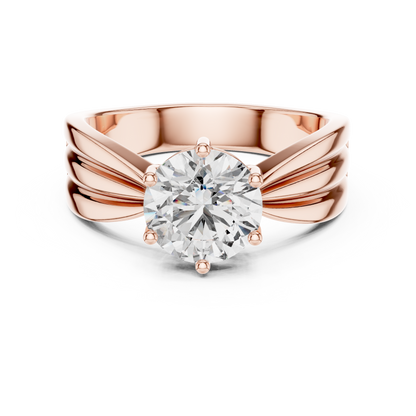 Round Lab Grown Diamond Engagement Ring | Tapered Ribbon Wide Band | 10K, 14K, and 18K Gold
