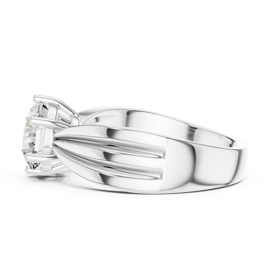 Round Lab Grown Diamond Engagement Ring | Tapered Ribbon Wide Band | 10K, 14K, and 18K Gold