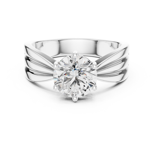 Round Lab Grown Diamond Engagement Ring | Tapered Ribbon Wide Band | 10K, 14K, and 18K Gold