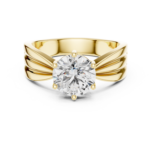 Round Lab Grown Diamond Engagement Ring | Tapered Ribbon Wide Band | 10K, 14K, and 18K Gold