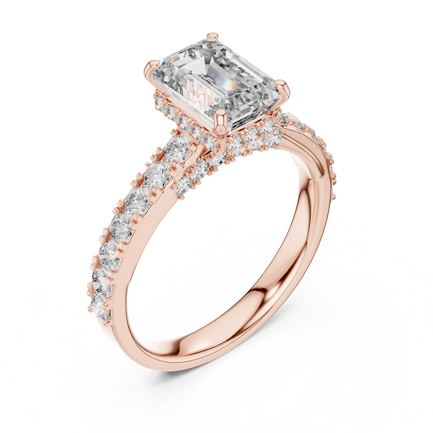 Emerald Cut Lab Grown Diamond Engagement Ring | Bold Bubble Pavé Band | 10K, 14K, and 18K Gold