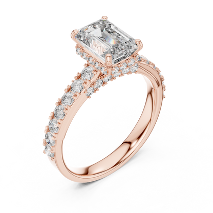 Emerald Cut Lab Grown Diamond Engagement Ring | Bold Bubble Pavé Band | 10K, 14K, and 18K Gold