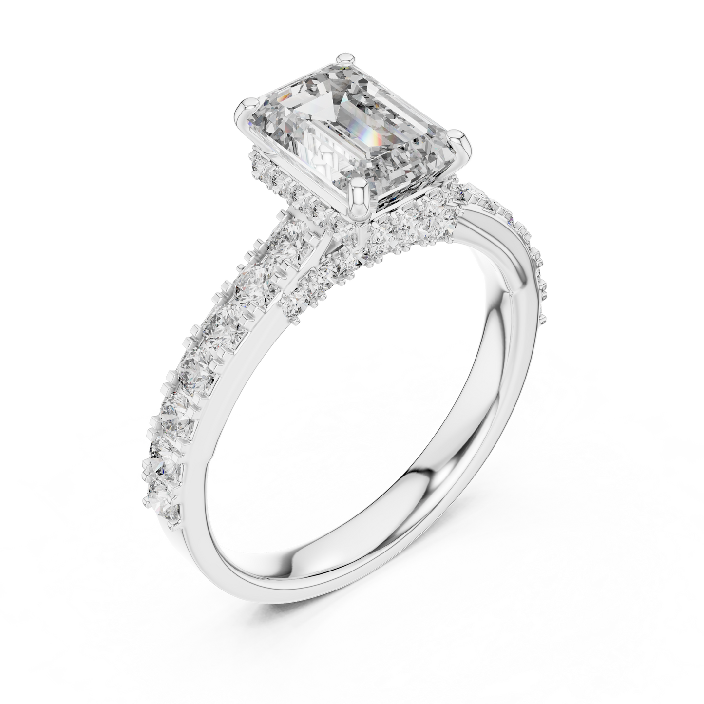 Emerald Cut Lab Grown Diamond Engagement Ring | Bold Bubble Pavé Band | 10K, 14K, and 18K Gold
