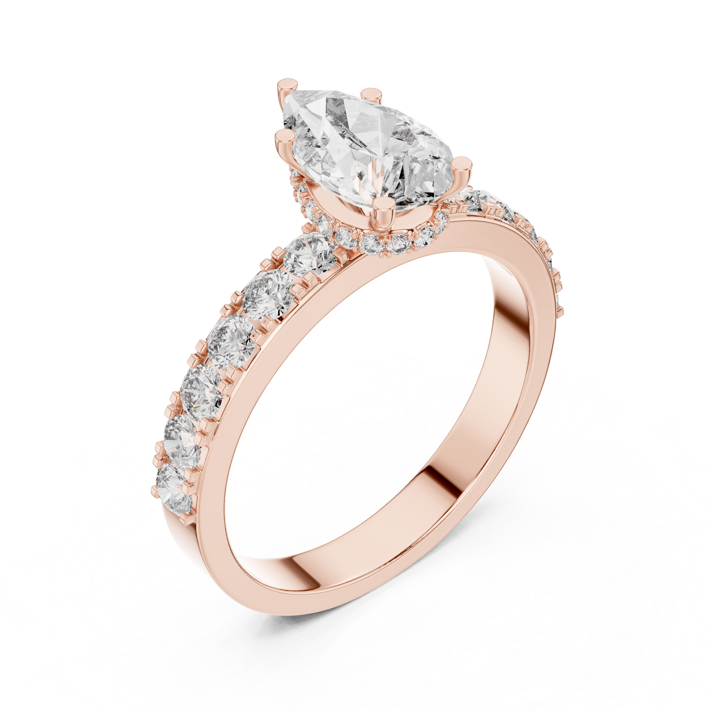 Pear Cut Lab Grown Diamond Engagement Ring | Hidden Halo Bubble Pavé Band | 10K, 14K, and 18K Gold
