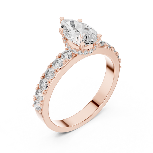 Pear Cut Lab Grown Diamond Engagement Ring | Hidden Halo Bubble Pavé Band | 10K, 14K, and 18K Gold